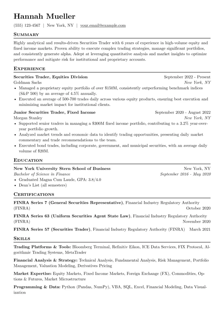Securities Trader Resume Example preview