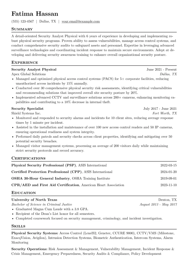 Security Analyst Physical Resume Example CV template preview