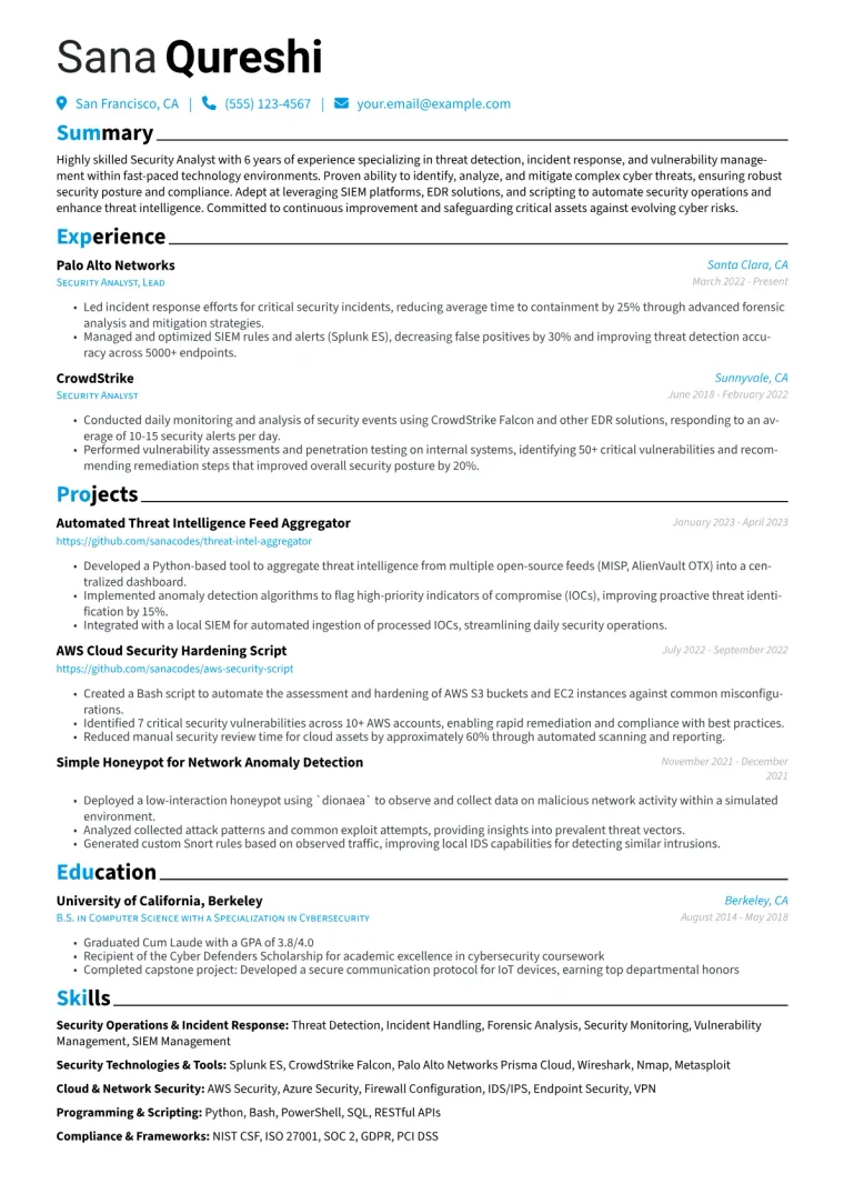 Security Analyst Resume Example CV template preview