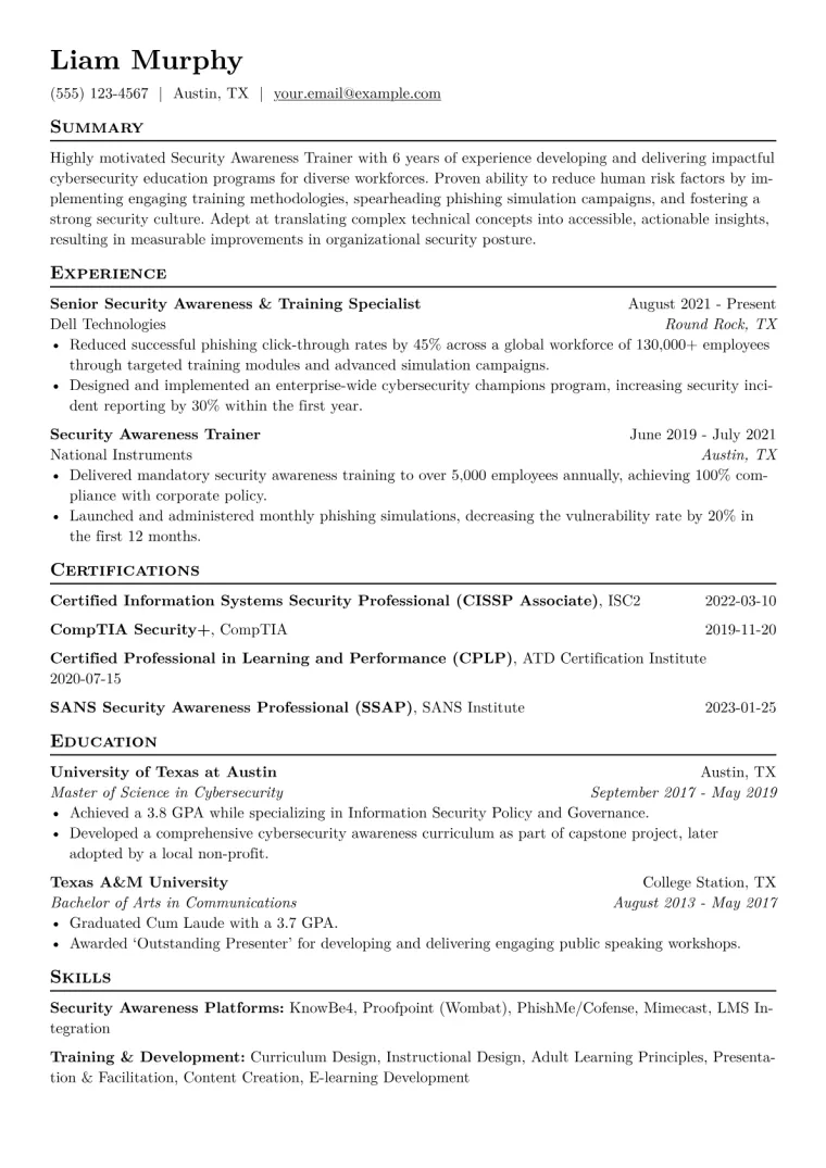 Security Awareness Trainer Resume Example CV template preview