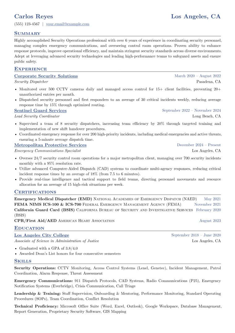 Security Dispatcher Resume Example CV template preview
