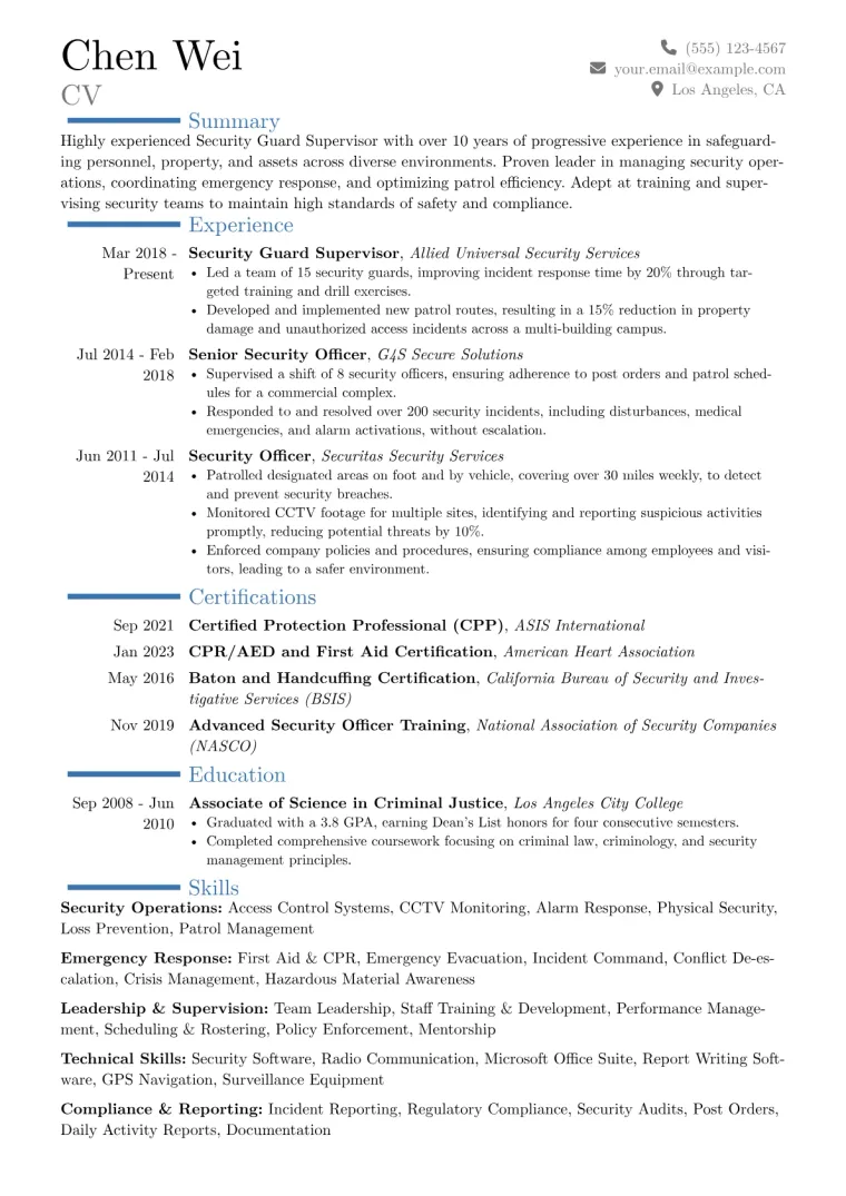 Security Guard Supervisor Resume Example CV template preview