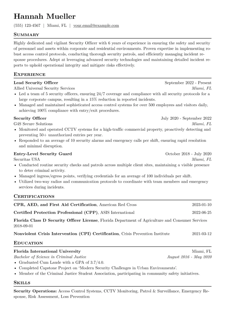 Security Officer Resume Example CV template preview
