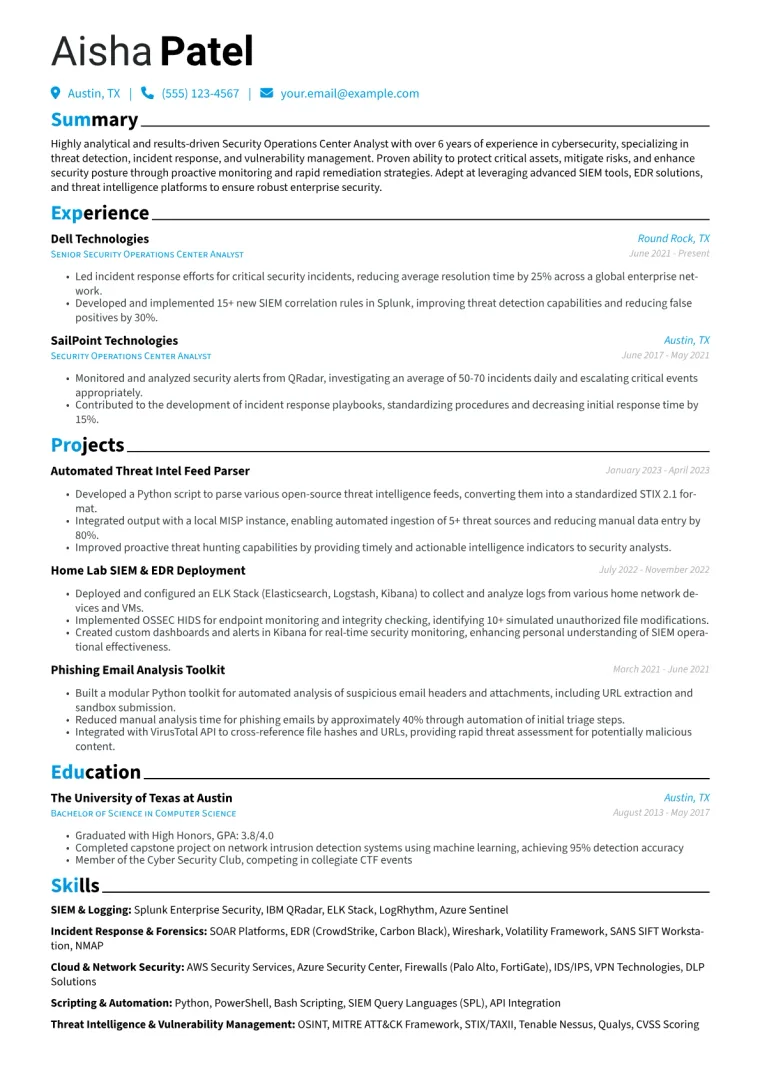 Security Operations Center Analyst Resume Example CV template preview