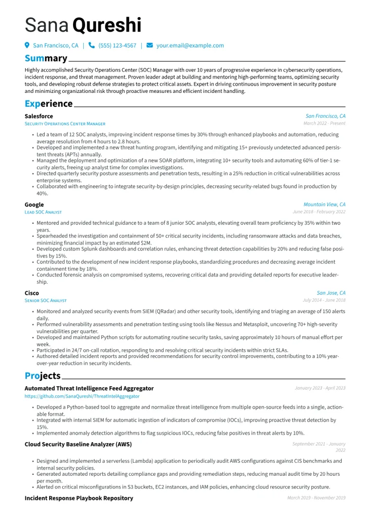 Security Operations Center Manager Resume Example CV template preview