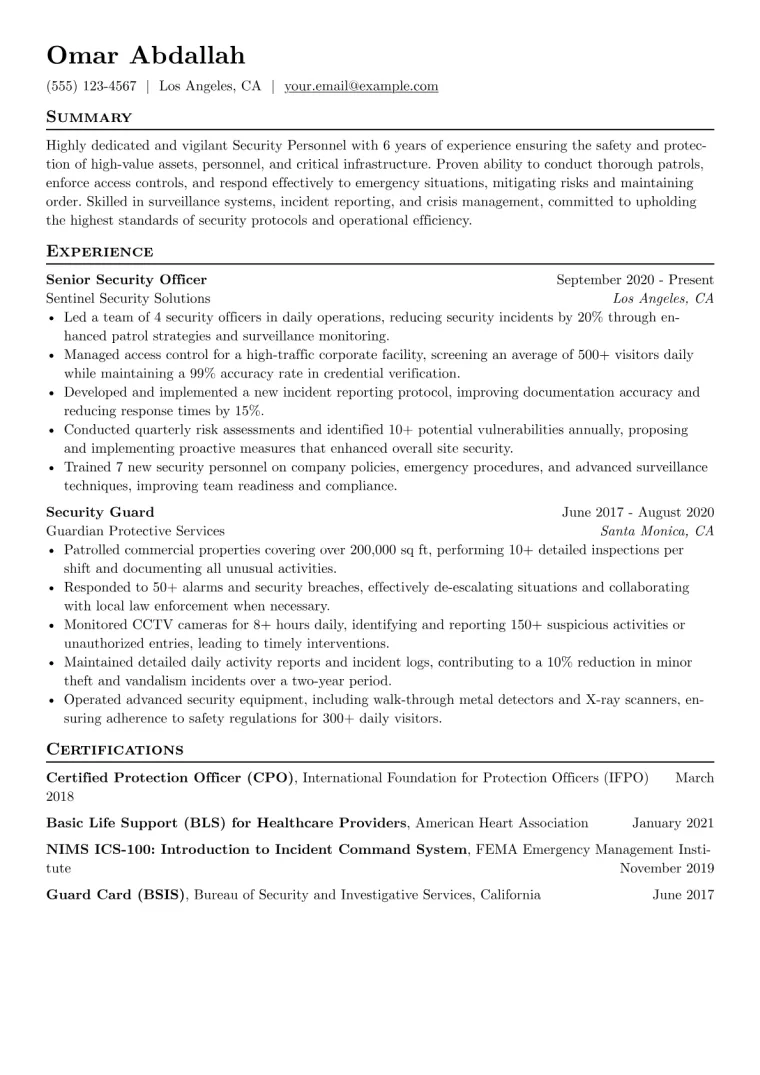 Security Personnel Resume Example CV template preview