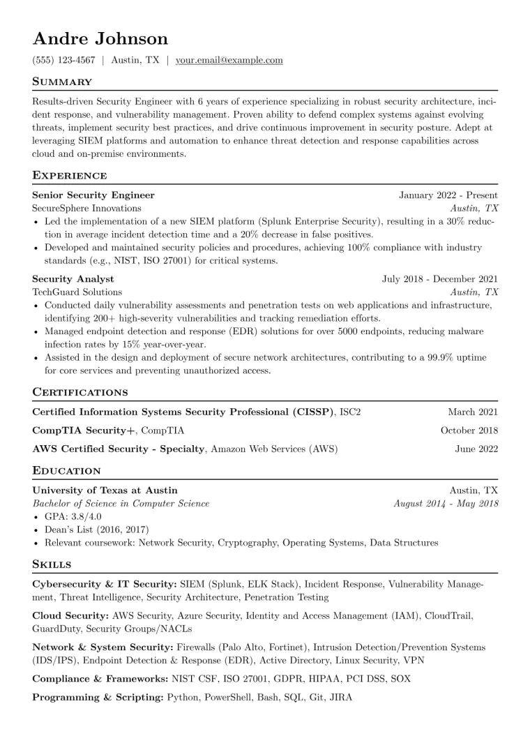 Security Resume Example CV template preview