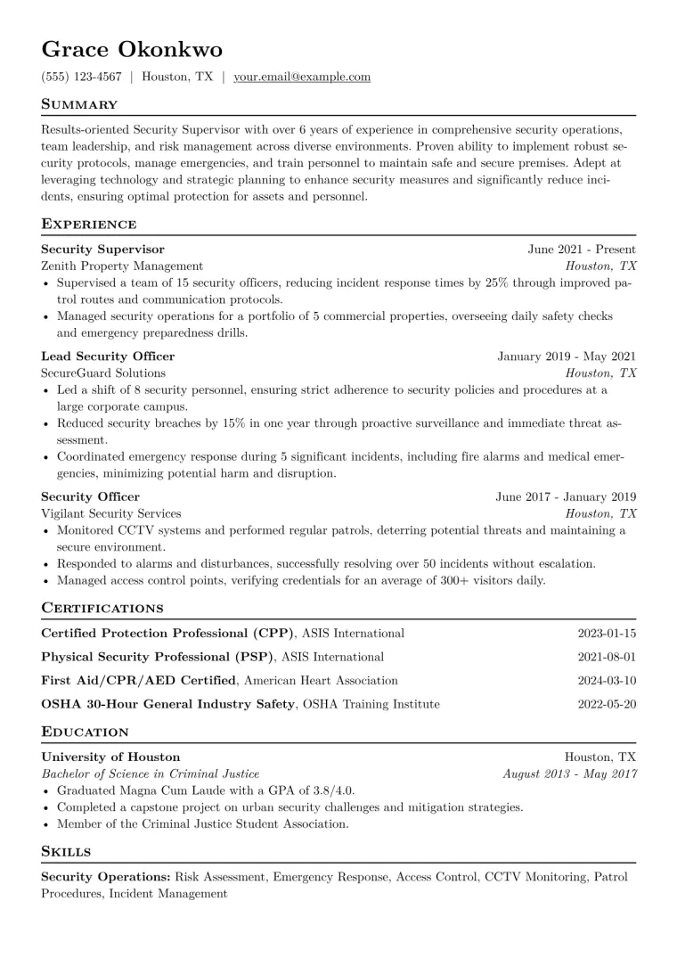 Security Supervisor Resume Example CV template preview