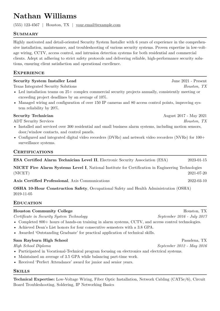 Security System Installer Resume Example CV template preview