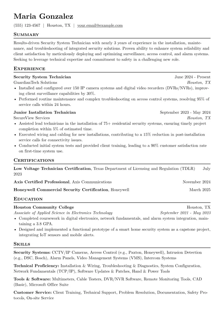 Security System Technician Resume Example preview