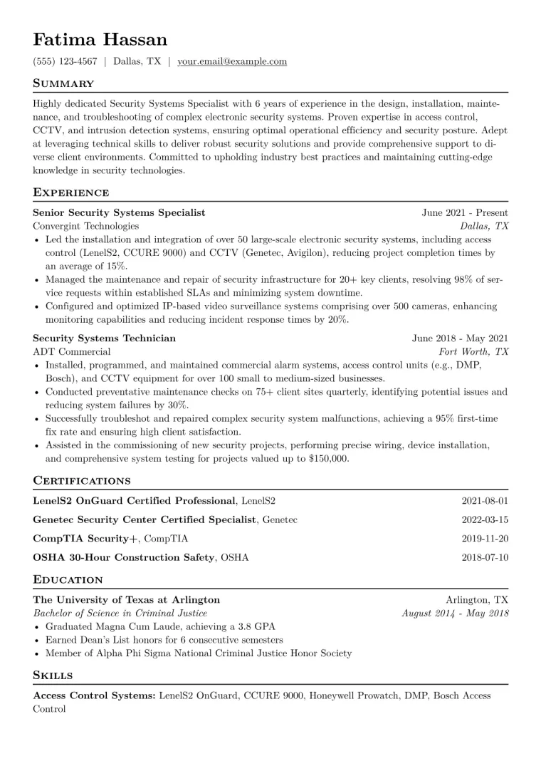 Security Systems Specialist Resume Example CV template preview