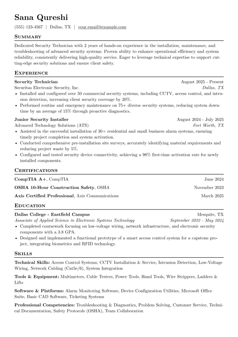 Security Technician Resume Example preview