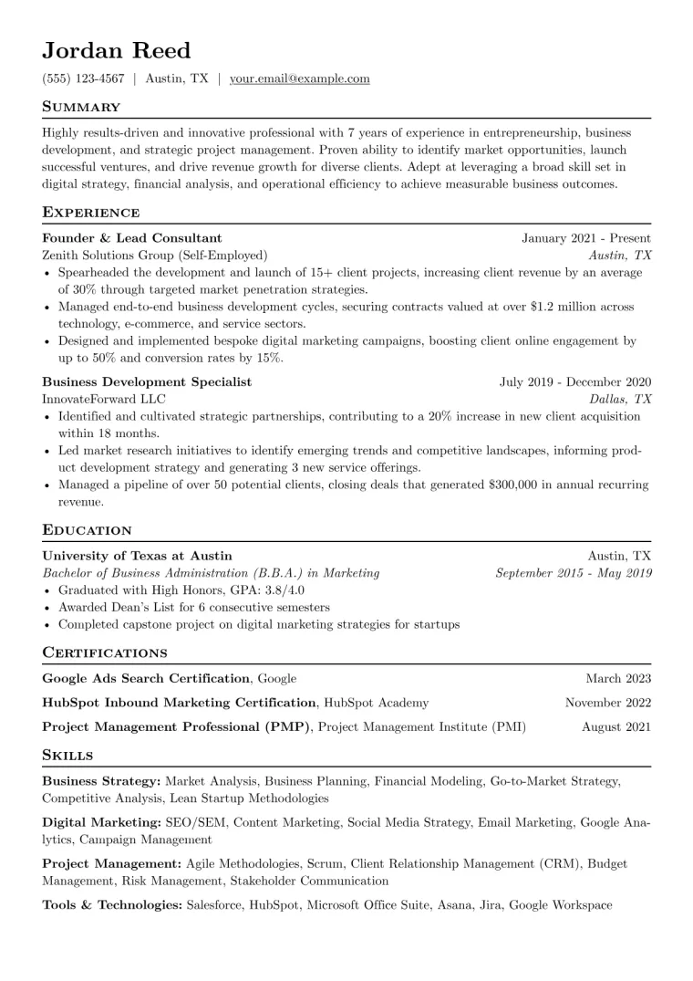 Self-Employed Resume Example CV template preview