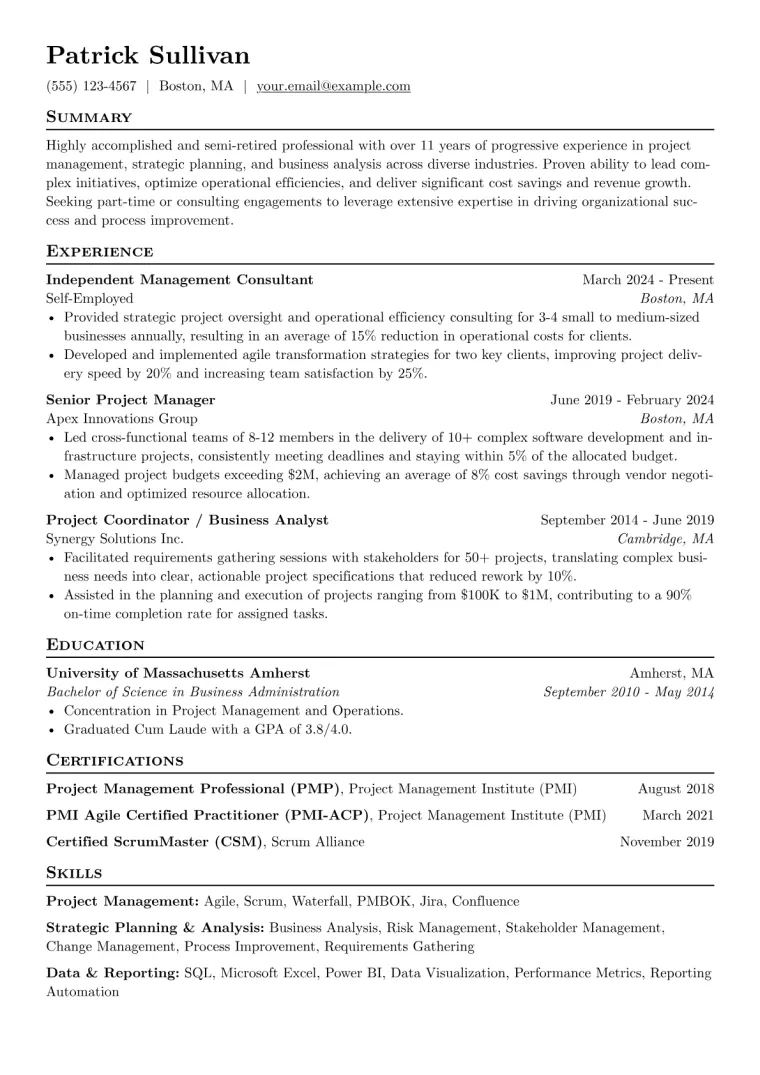 Semi-Retired Resume Example CV template preview