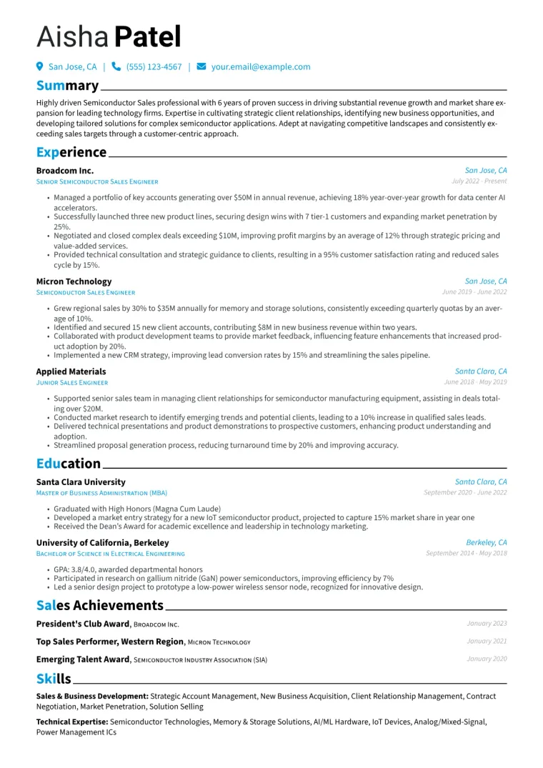 Semiconductor Sales Resume Example CV template preview