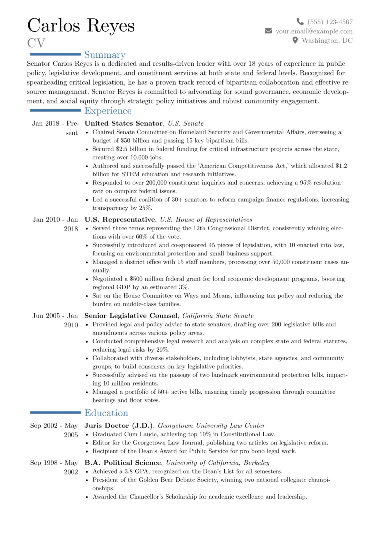 Senator Resume Example CV template preview