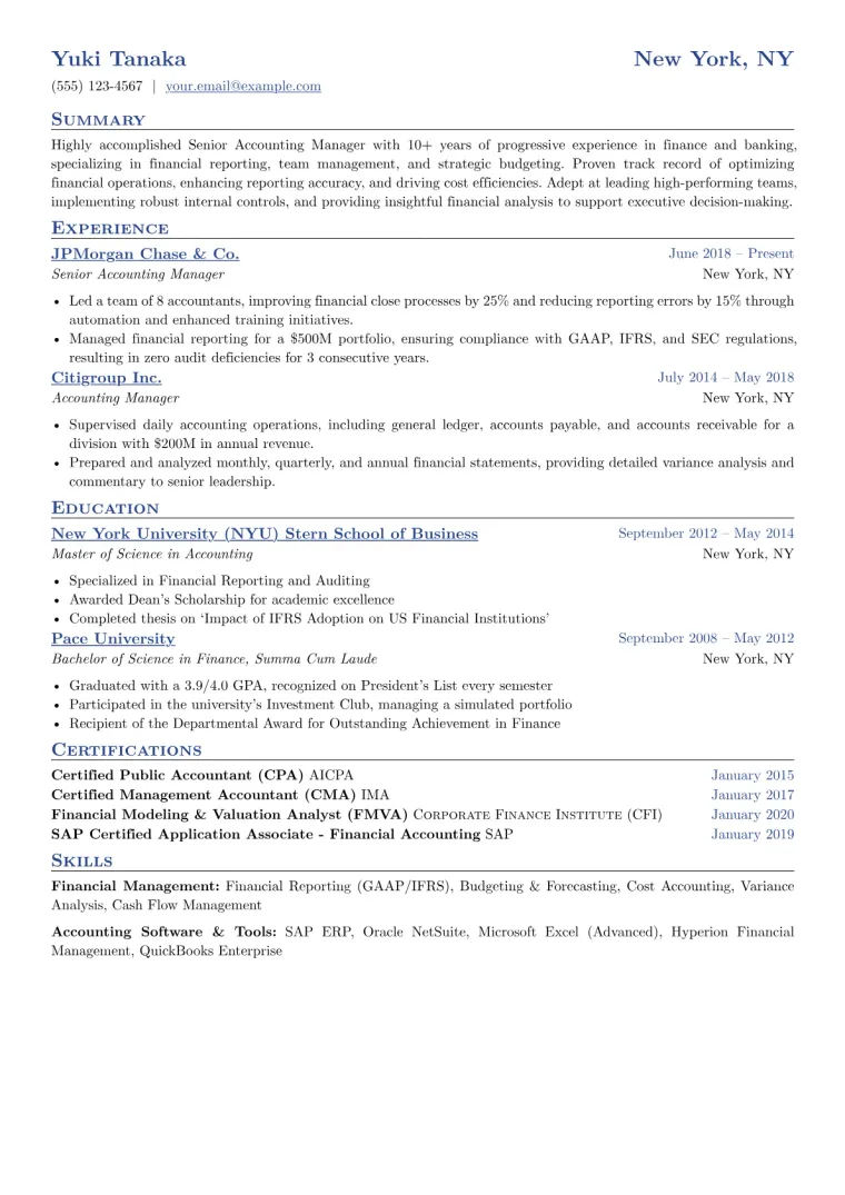 Senior Accounting Manager Resume Example CV template preview