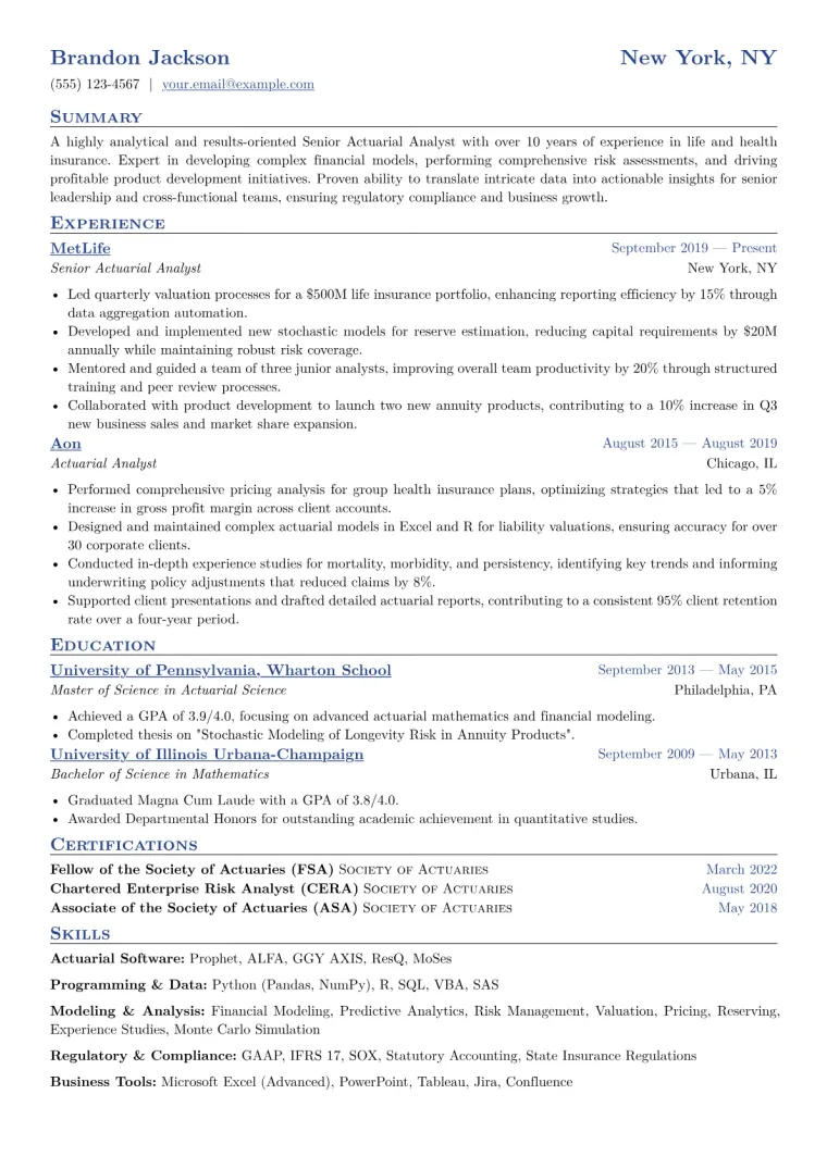 Senior Actuarial Analyst Resume Example CV template preview