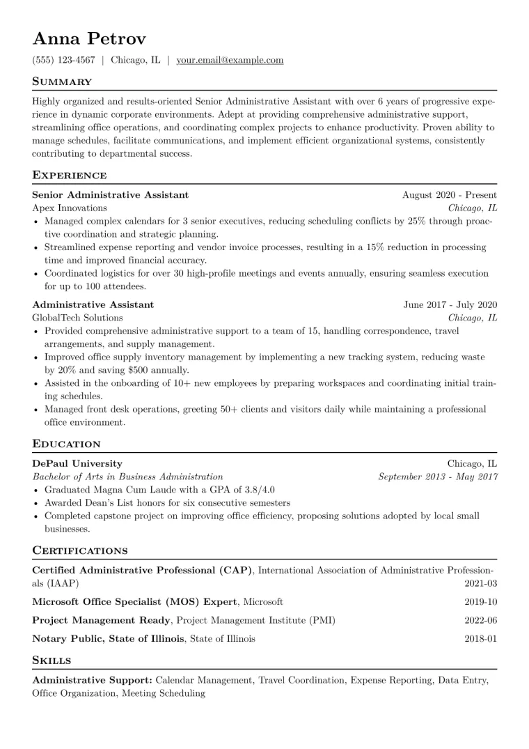 Senior Administrative Assistant Resume Example CV template preview
