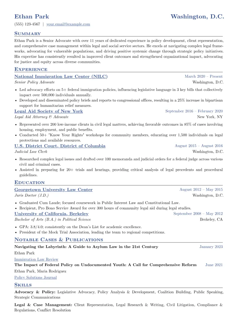 Senior Advocate Resume Example CV template preview