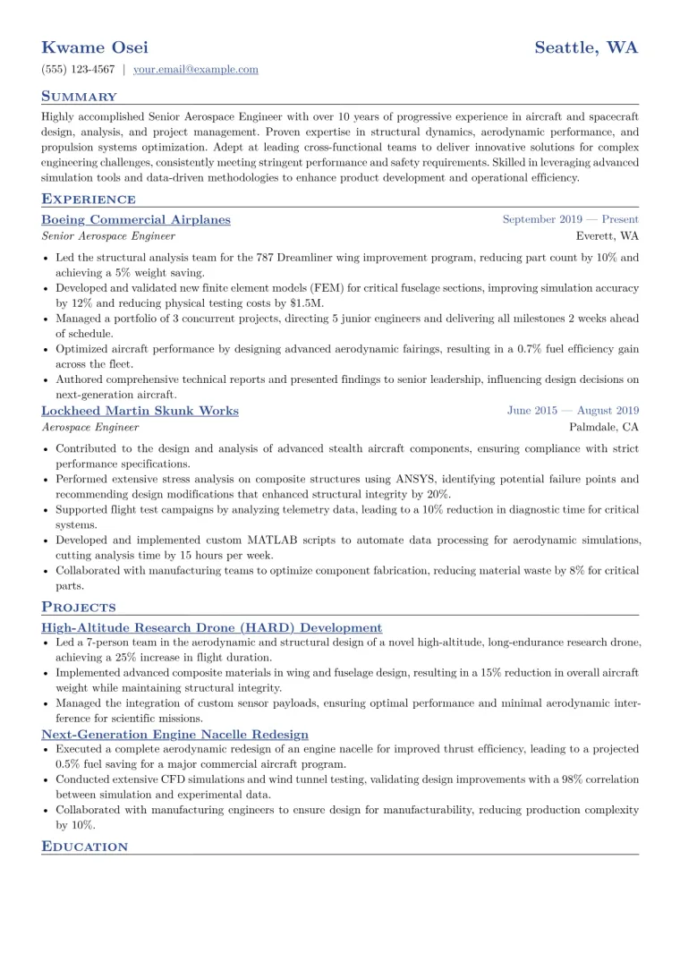 Senior Aerospace Engineer Resume Example CV template preview