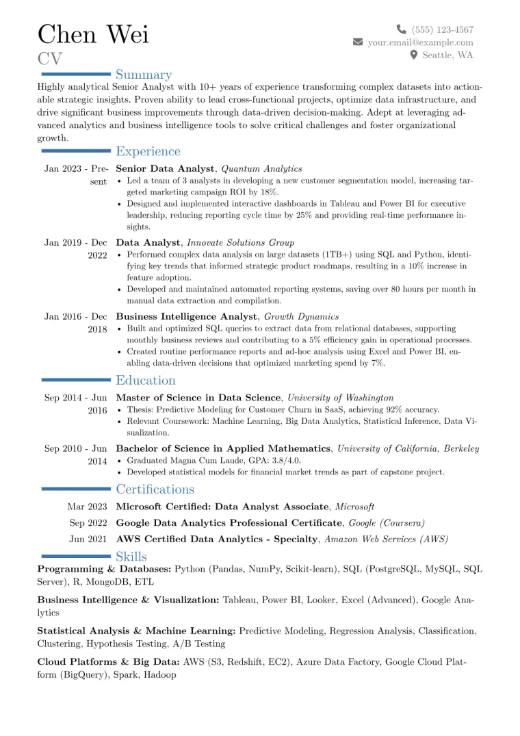 Senior Analyst Resume Example CV template preview