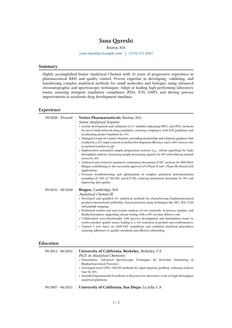 Senior Analytical Chemist Resume Example preview