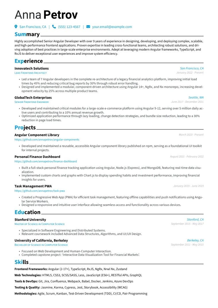 Senior Angular Developer Resume Example CV template preview