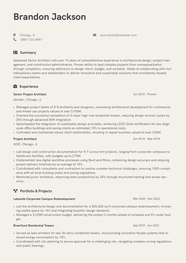 Senior Architect Resume Example CV template preview
