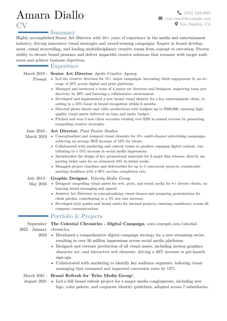 Senior Art Director Resume Example CV template preview
