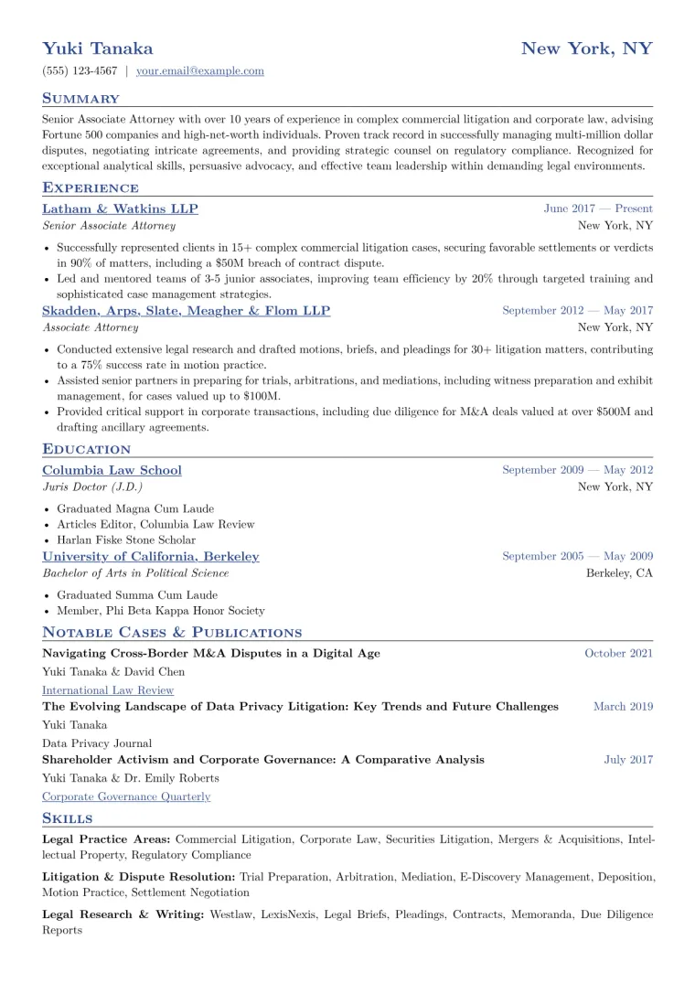 Senior Associate Attorney Resume Example CV template preview