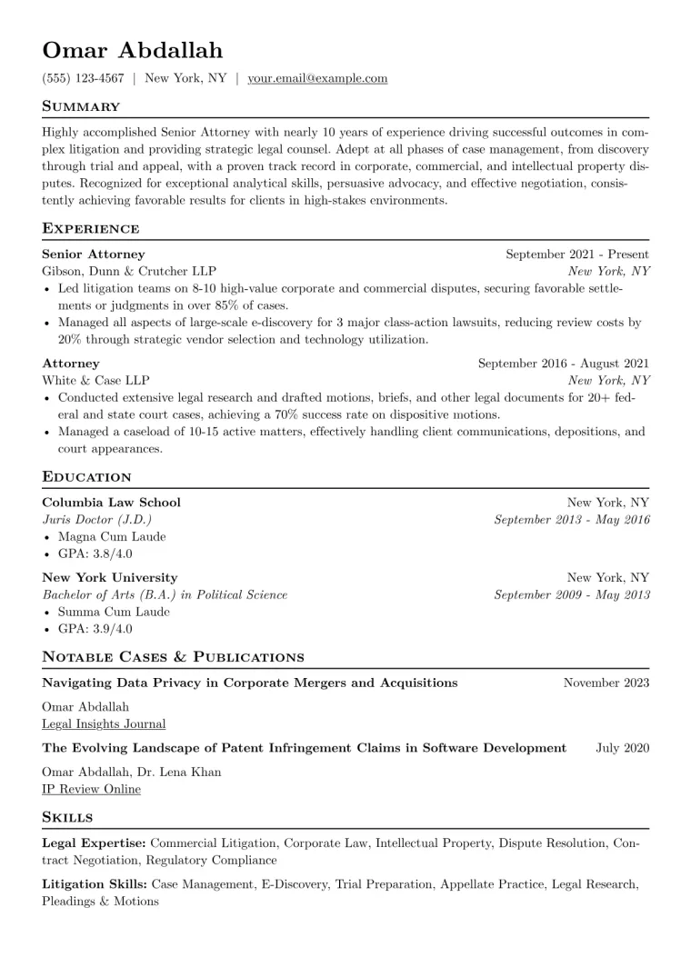 Senior Attorney Resume Example CV template preview