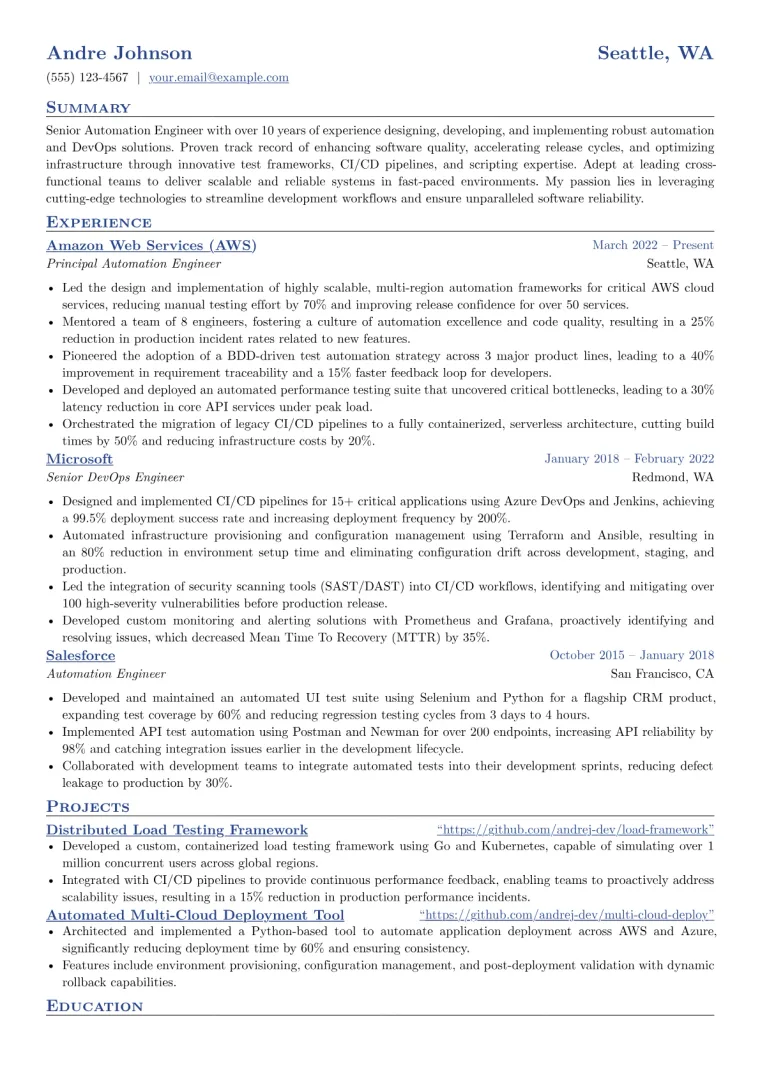 Senior Automation Engineer Resume Example CV template preview