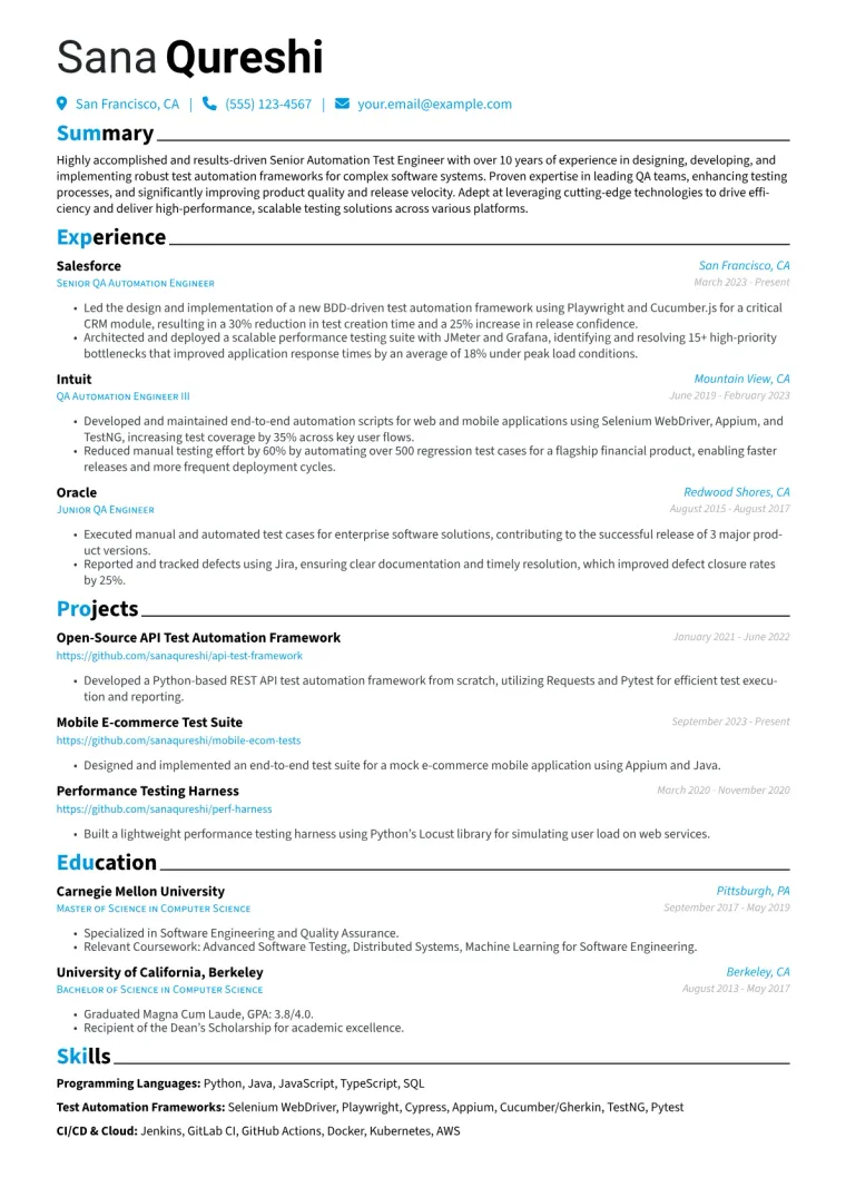 Senior Automation Test Engineer Resume Example CV template preview