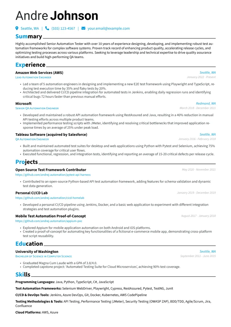 Senior Automation Tester Resume Example preview