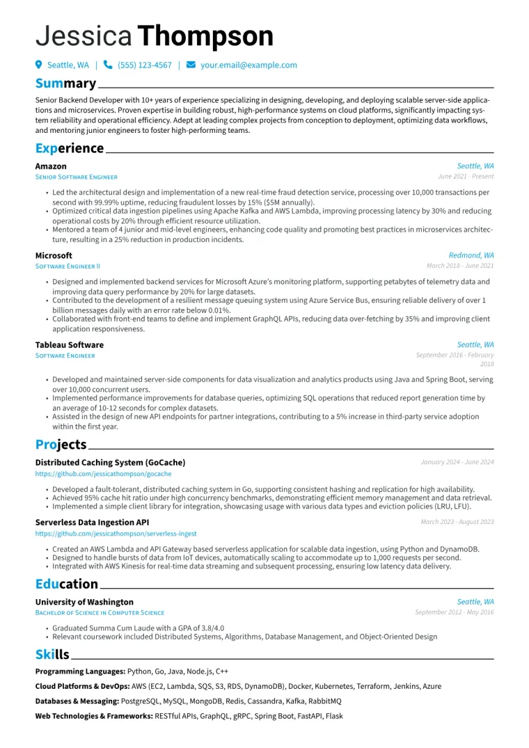 Senior Backend Developer Resume Example CV template preview