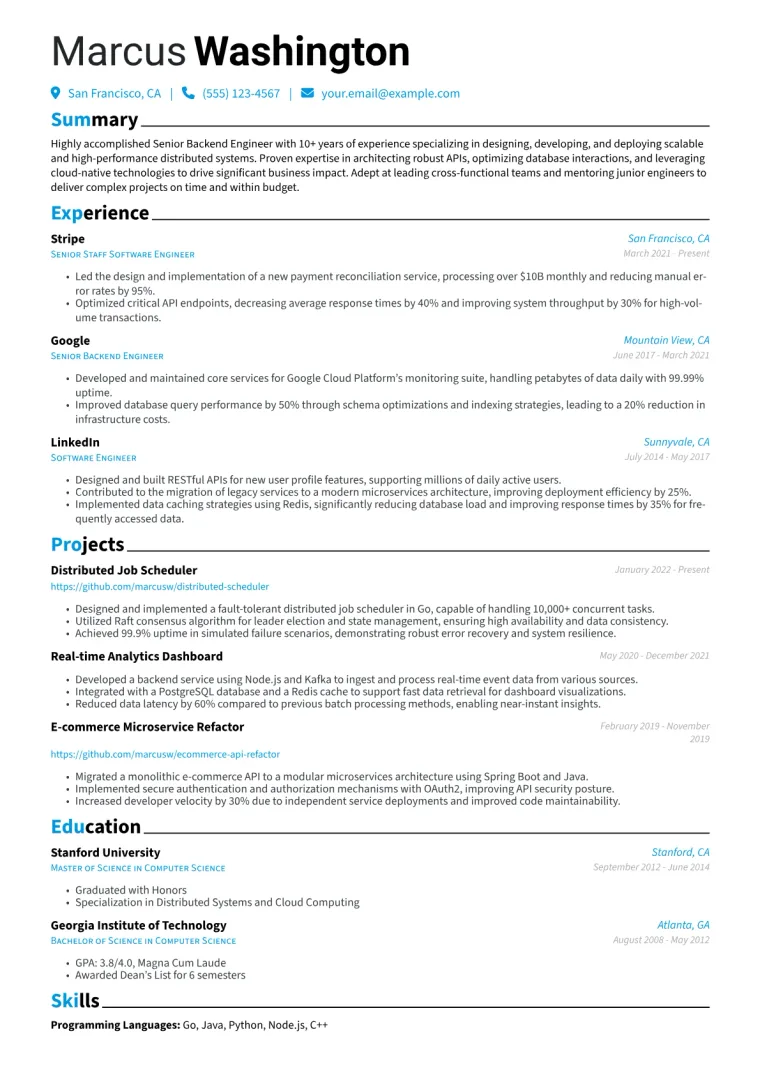 Senior Backend Engineer Resume Example CV template preview