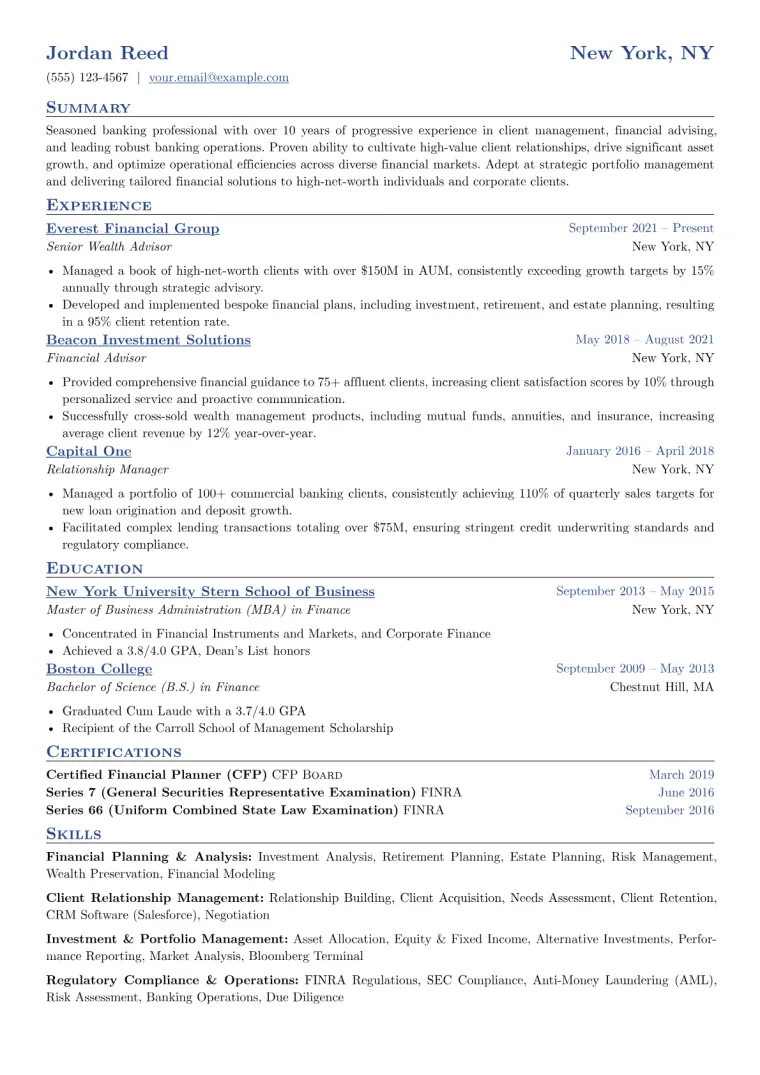 Senior Banker Resume Example CV template preview