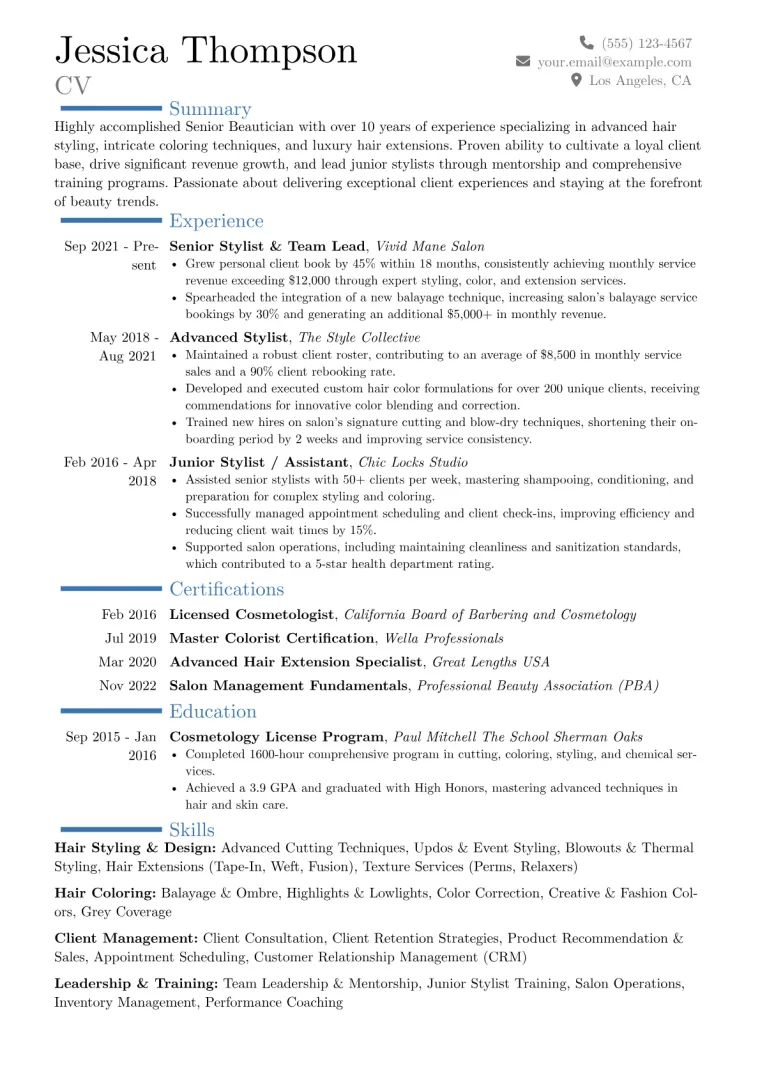 Senior Beautician Resume Example preview