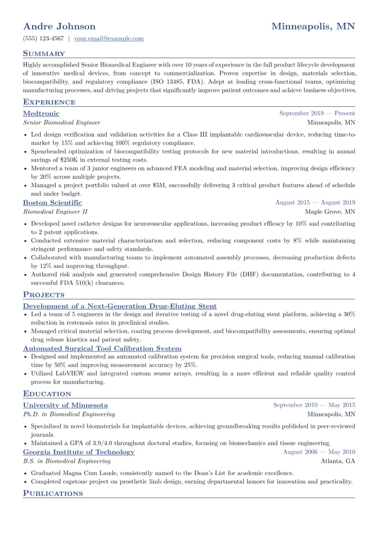 Senior Biomedical Engineer Resume Example CV template preview