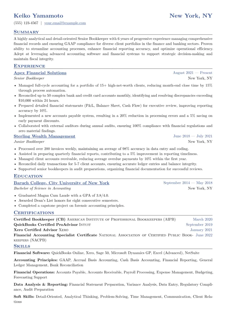 Senior Bookkeeper Resume Example CV template preview
