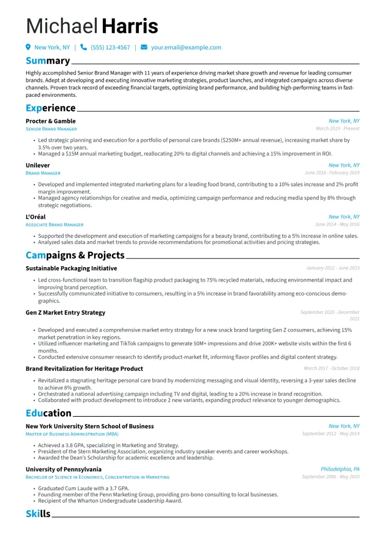 Senior Brand Manager Resume Example CV template preview