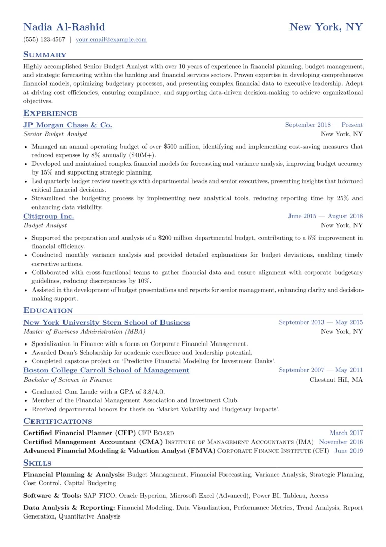 Senior Budget Analyst Resume Example CV template preview