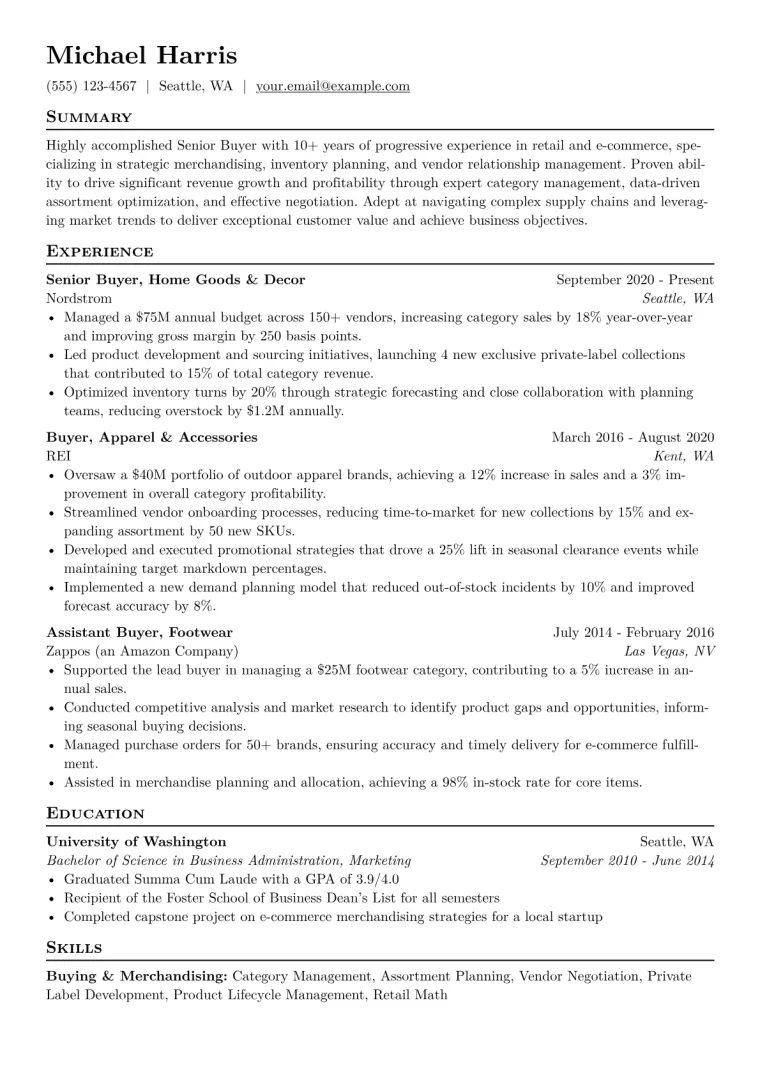Senior Buyer Retail Resume Example CV template preview