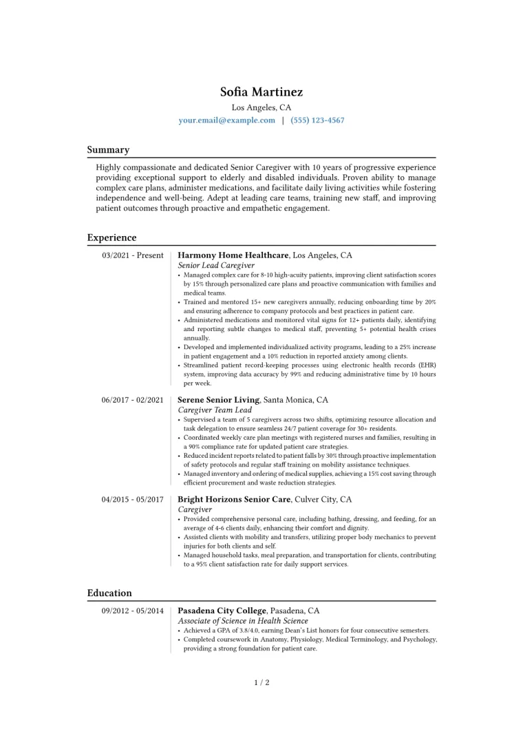 Senior Caregiver Resume Example CV template preview