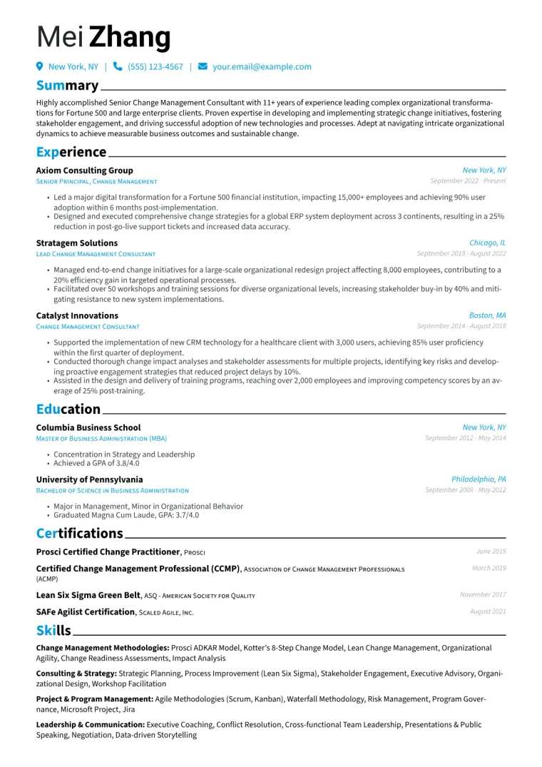 Senior Change Management Consultant Resume Example CV template preview