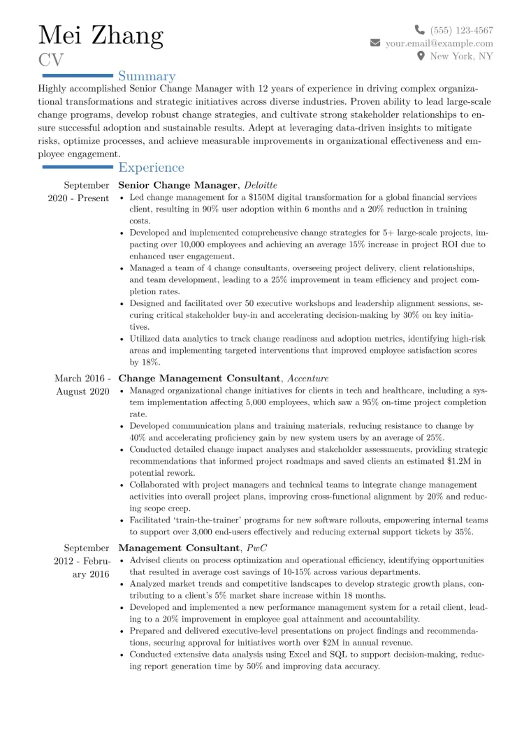 Senior Change Manager Resume Example CV template preview