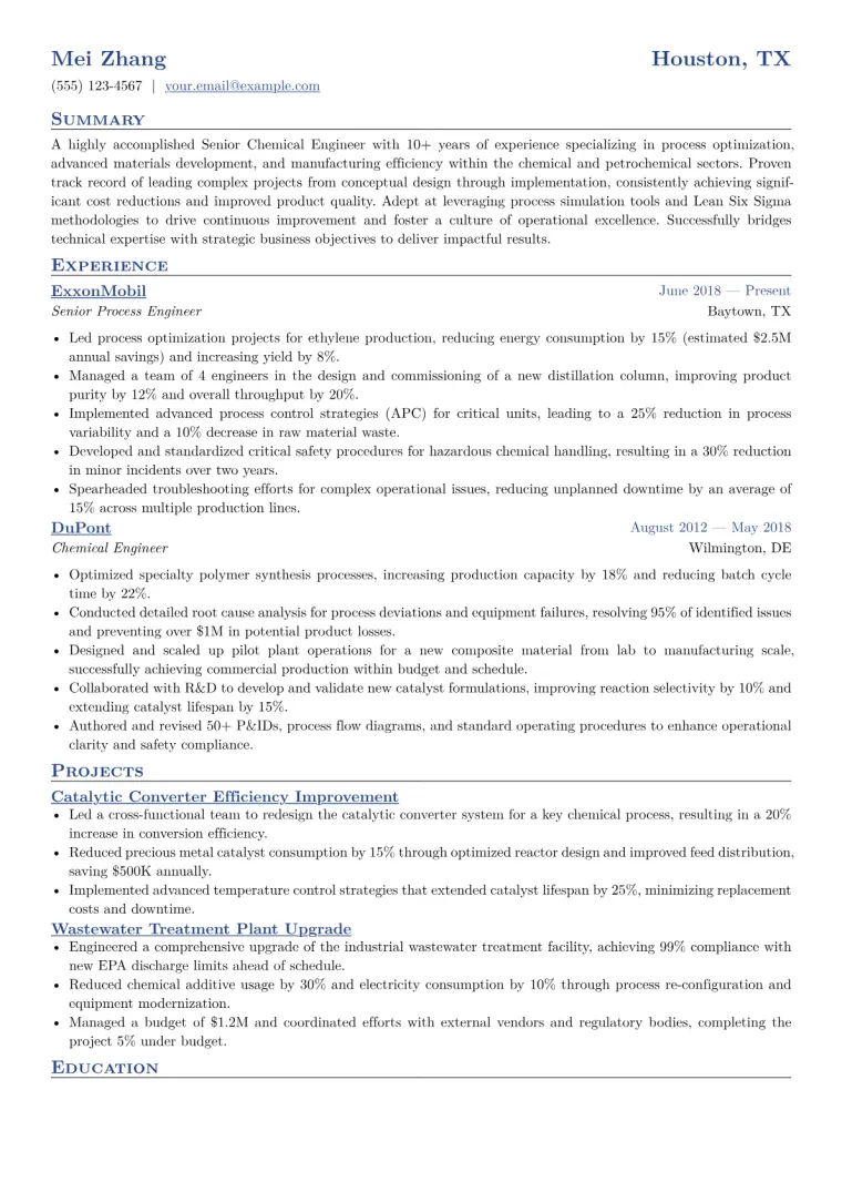 Senior Chemical Engineer Resume Example CV template preview