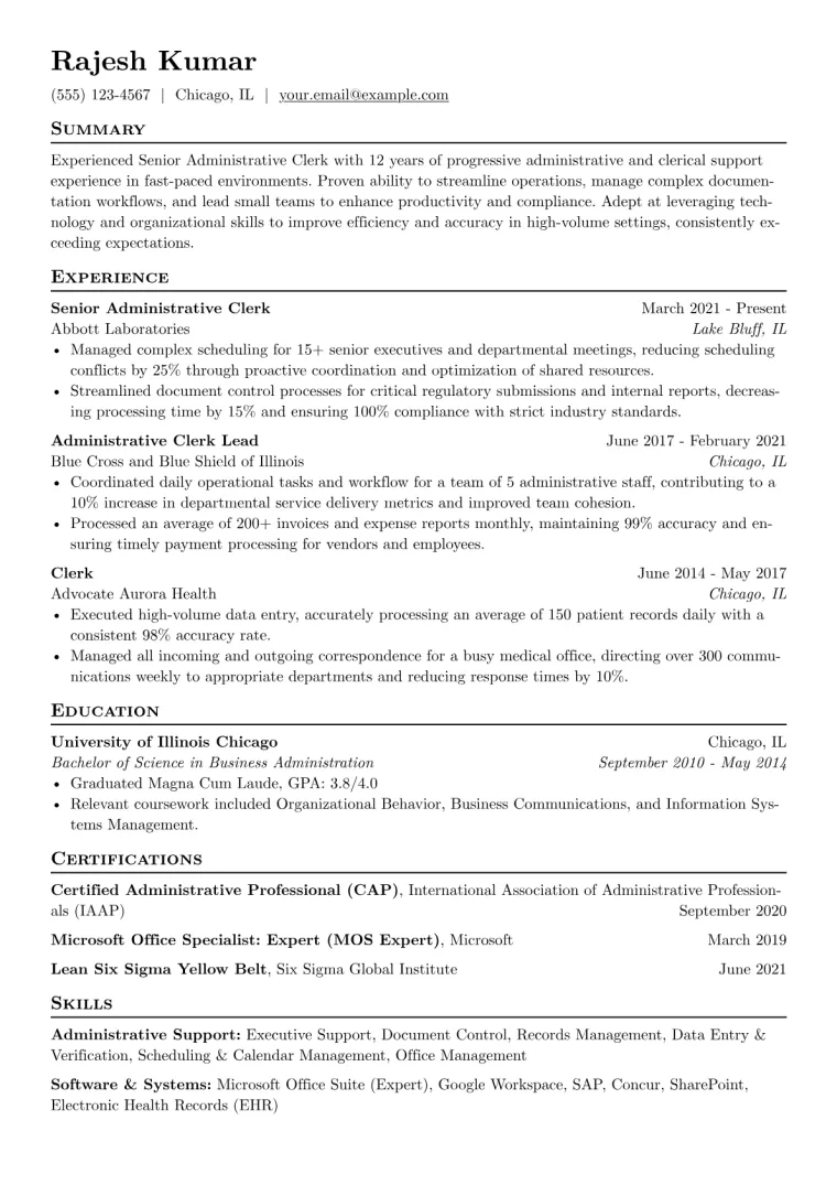 Senior Clerk Resume Example preview