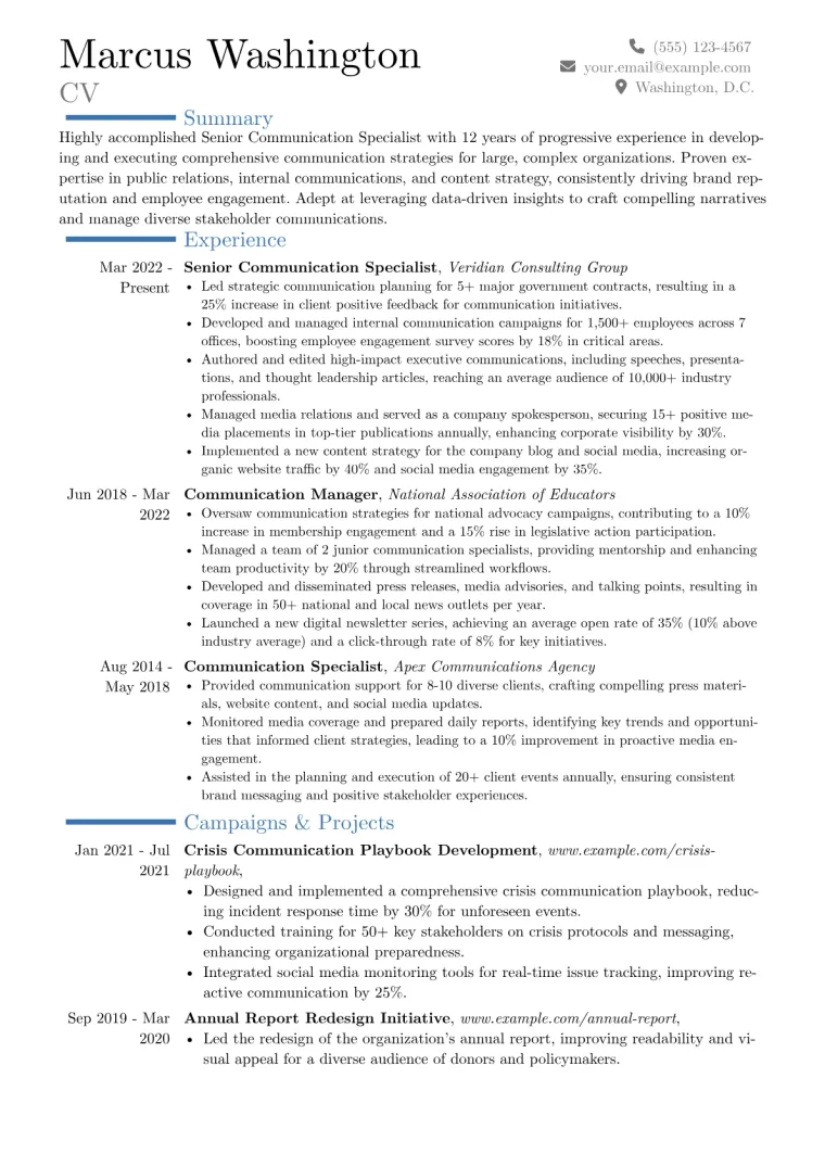 Senior Communication Specialist Resume Example preview
